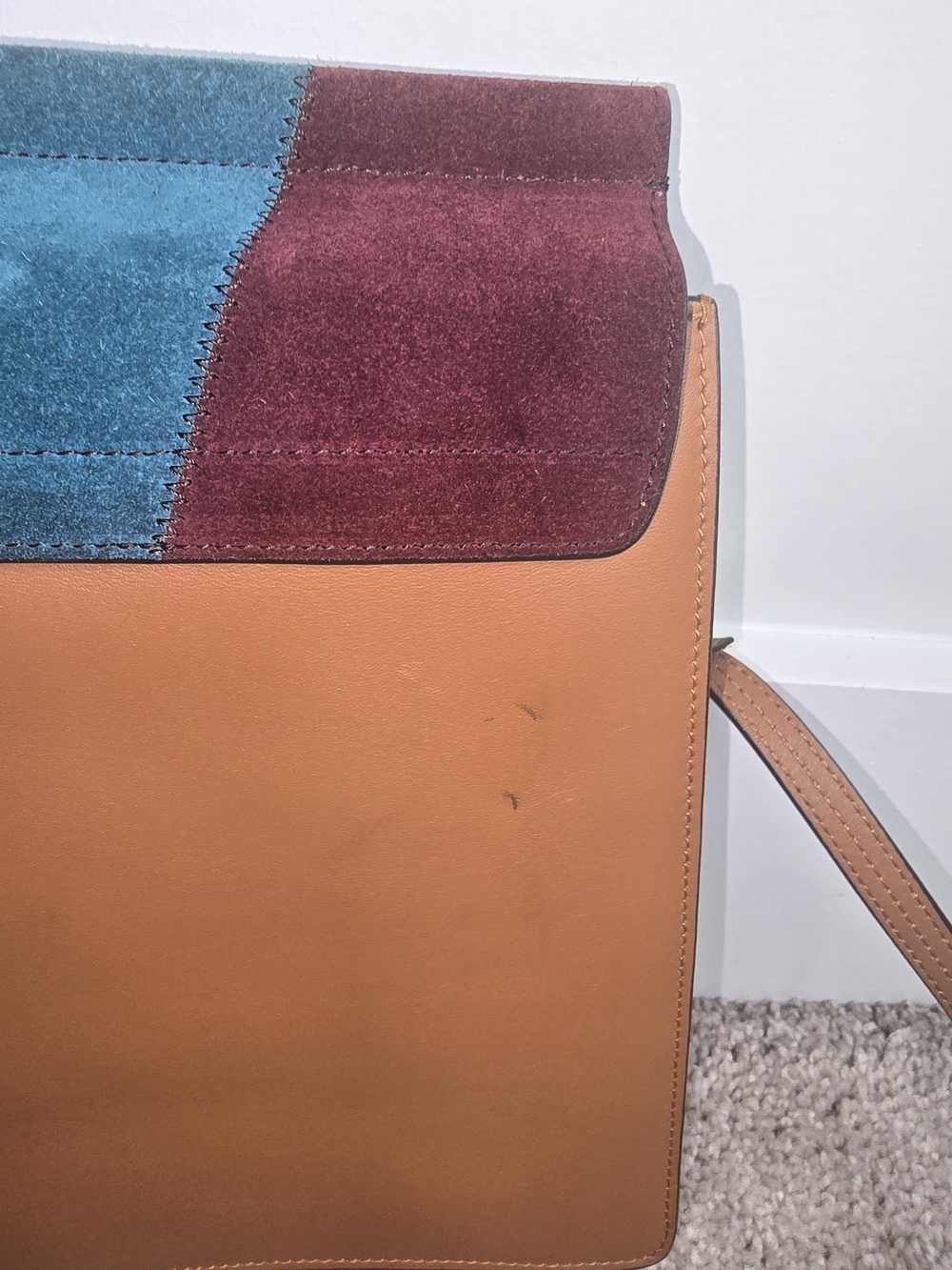 Chloe Patchwork Suede and Leather Crossbody in Teal, Burgundy and Tan - Picture 3 of 6